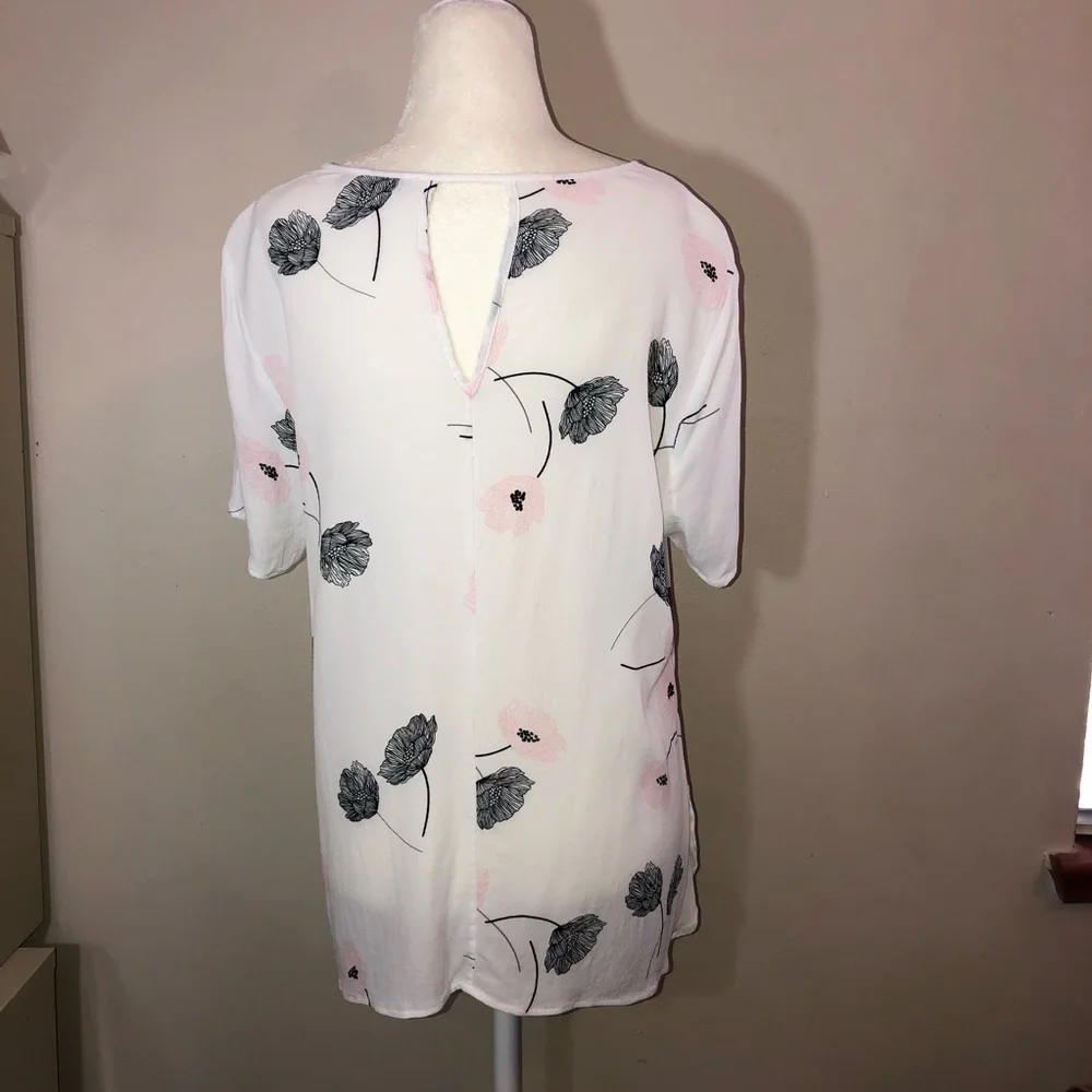 PALE SKY White Poppy Floral Print Short Sleeve Blouse Sz XL - Picture 7 of 11